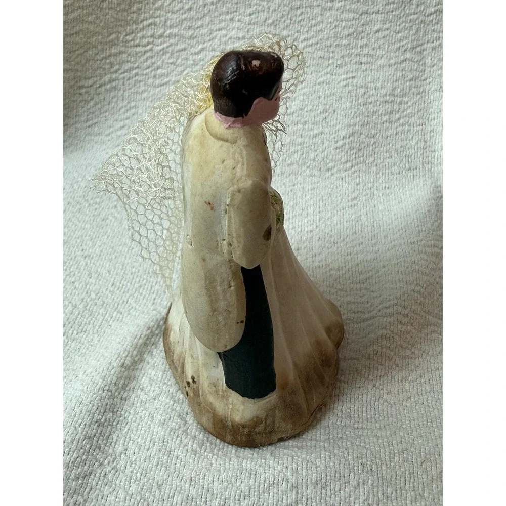 Vintage 40s 50s CHALKWARE Wedding Cake Topper Bride and Groom Veil Figurine 4